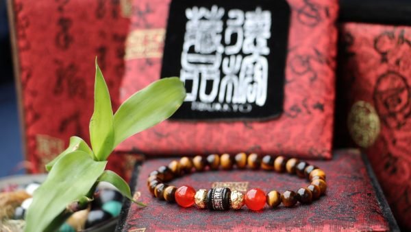 台灣德榕藏品｜原礦無染色黃虎眼石手珠6mm｜黃銅蓮花造型隔珠