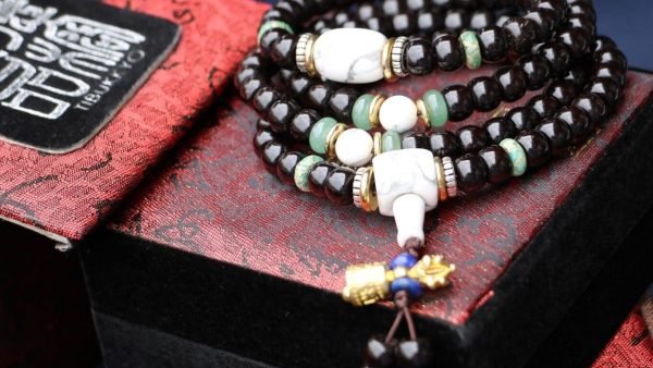 台灣德榕藏品｜精品印尼料椰蒂8x6mm108顆｜白松石｜黃銅十字金剛杵鈴