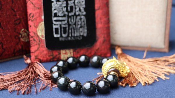 台灣德榕藏品｜原礦無染色黑曜石14mm手珠｜黃銅雕刻龍頭