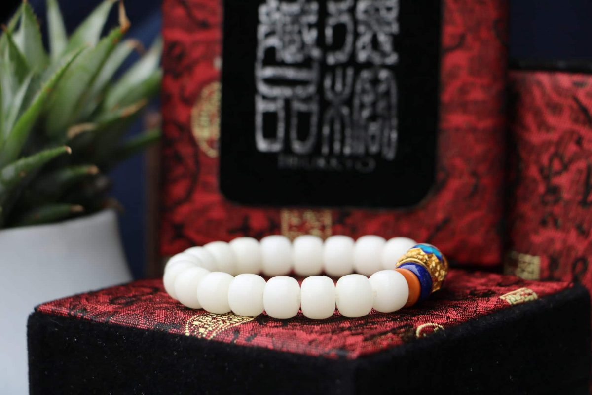 Taiwan Derong Collection｜High Throwing White Jade Bodhi Root 7x9mm Barrel Beads｜Cloisonne Brass