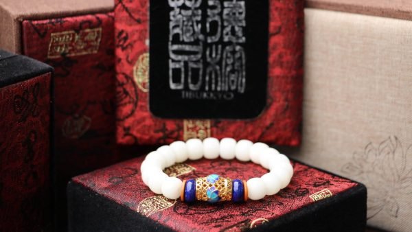 台灣德榕藏品｜高拋白玉菩提根7x9mm桶珠｜景泰藍黃銅