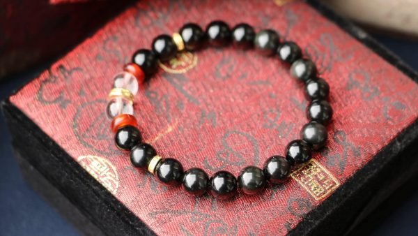 台灣德榕藏品｜原礦無染色黑曜石手珠8mm圓珠｜白水晶