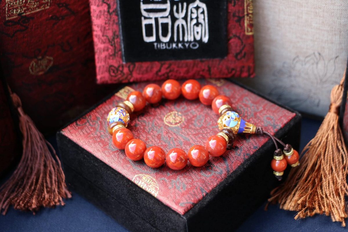 Taiwan Derong Collection｜Exquisite Flame Pattern South Red Agate Hand Bead 12mm｜Brass Cloisonne Buddha Head