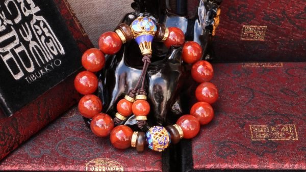 台灣德榕藏品｜精品火焰紋南紅瑪瑙手珠12mm｜黃銅景泰藍佛頭