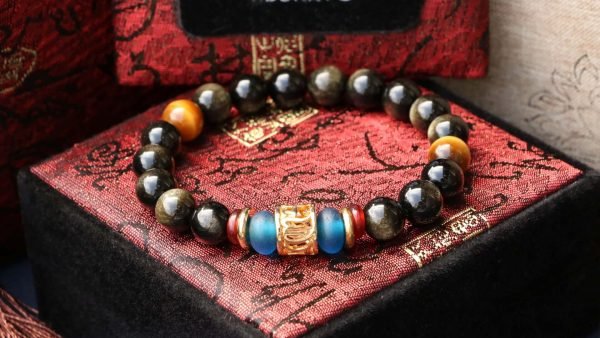 台灣德榕藏品｜原礦無染色金曜石10mm手珠｜六字箴言黃銅隔珠