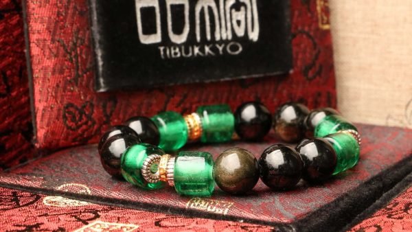 台灣德榕藏品｜原礦無染色金曜石手珠12mm｜手工博山綠琉璃隔珠