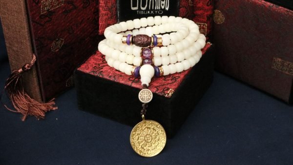 台灣德榕藏品｜高拋白玉菩提根10x8mm桶珠108顆｜原礦無染色紫水晶｜紅檀木｜九宮八卦牌