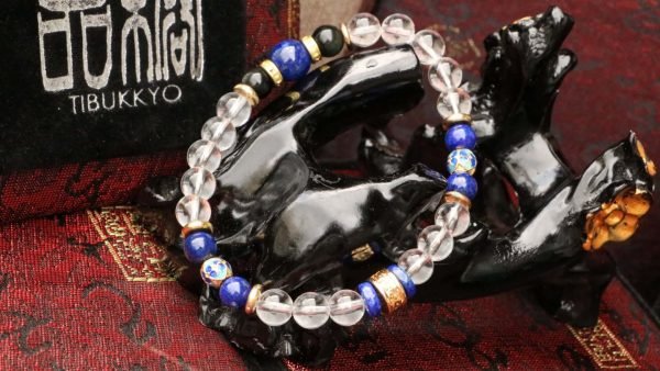 台灣德榕藏品｜原礦無染色白水晶手鍊6mm｜原礦無染色青金石｜黃銅景泰藍隔珠｜黑曜石隔珠