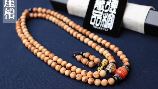 台灣德榕藏品｜太行崖柏8mm圓珠108顆｜原礦蠶絲瑪瑙佛頭｜黃銅金剛鈴杵