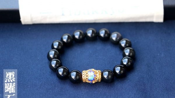 TIBUKKYO台灣德榕藏品｜原礦無染色黑曜石12mm手珠｜景泰藍黃銅桶珠