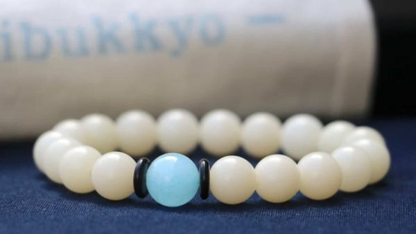 台灣德榕藏品｜高拋純天然白玉菩提根10mm圓珠｜烤色海藍寶隔珠