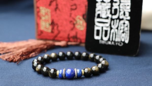 台灣德榕藏品｜原礦無染色金曜石手珠8mm圓珠｜青金石隔珠