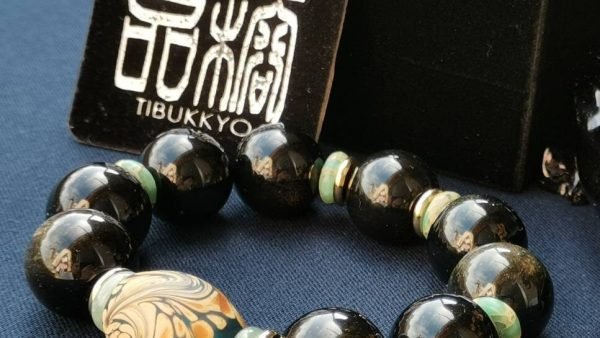 台灣德榕藏品｜原礦無染色金曜石14mm手珠｜彩繪琉璃隔珠｜東陵玉隔片