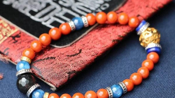 台湾大龍コレクション｜高級柿赤南方紅瑪瑙ビーズ6mm｜真鍮製スケルトン型仕切り｜生ミネラルステンレスブルークリスタル