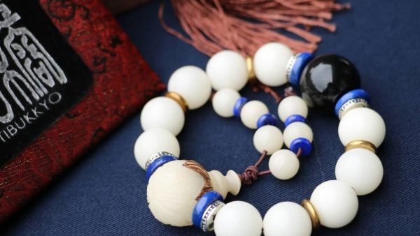 台灣德榕藏品｜高拋白玉菩提根14mm圓珠｜黑曜石隔珠｜白玉菩提根蓮花造型佛頭