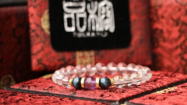 台灣德榕藏品｜原礦無染色白水晶手珠6mm｜藍虎眼石｜紫幽靈隔珠