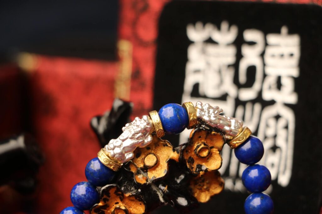 TIBUKKYO Taiwan Derong Collection｜Raw undyed lapis lazuli 8mm round beads｜Sterling silver Pixiu｜Myanmar topaz｜36 hand-held type