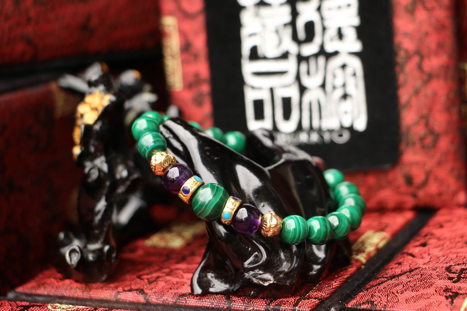 Taiwan Derong Collection｜Raw ore non-dyed malachite hand beads 8mm｜Amethyst spacer beads｜Lotus brass