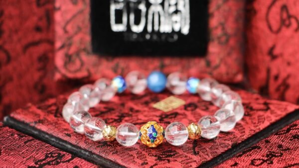 台灣德榕藏品｜原礦無染色白水晶手珠10mm｜藍晶石｜景泰藍蓮花隔珠