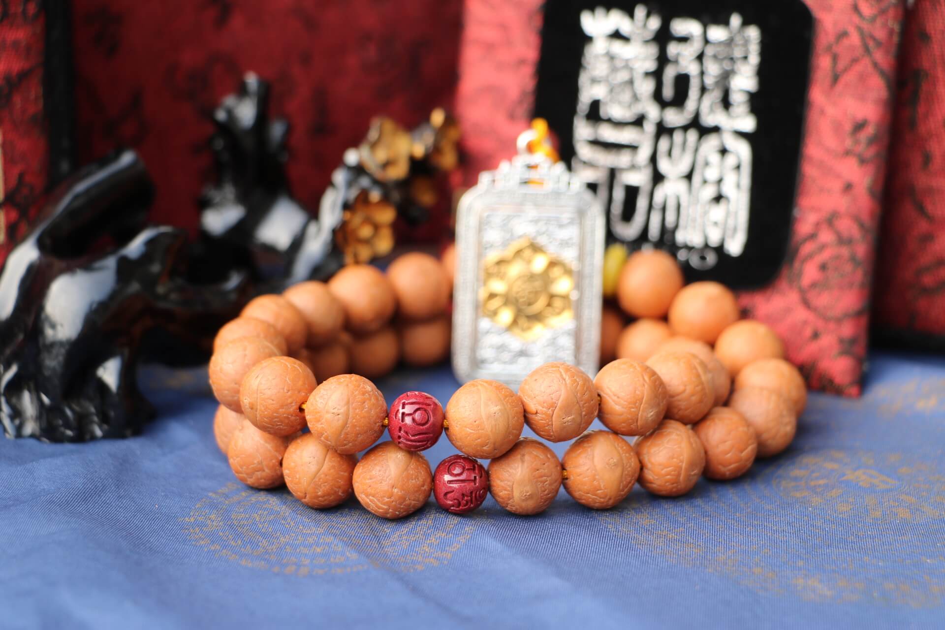 TIBUKKYO Taiwan Derong Collection｜Nepal orthodox phoenix-eyed bodhi seeds 14mm 36 pieces｜Myanmar topaz pattern｜Cinnabar six-character proverb beads｜Tibetan silver six-character proverb beads