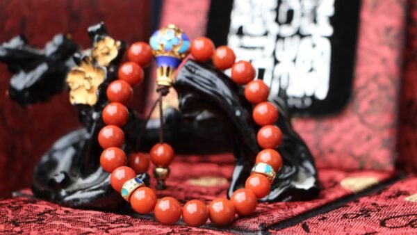 台灣德榕藏品｜精品南紅瑪瑙手珠8mm｜景泰藍黃銅佛頭