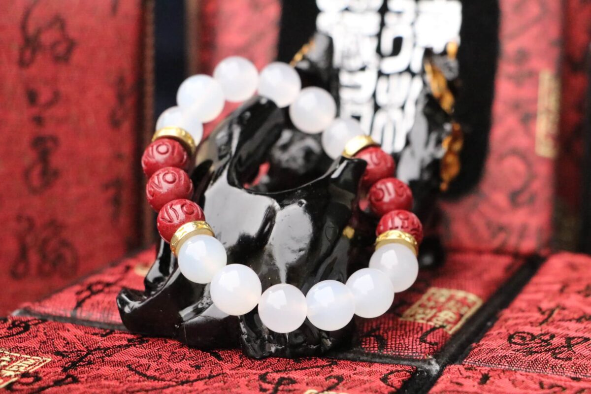 Taiwan Derong Collection｜Raw ore white agate hand beads 10mm｜Six-character proverbs with cinnabar beads｜White chalcedony
