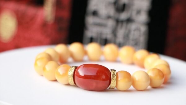 台灣德榕藏品｜天然緬甸黃玉手珠 10mm圓珠｜火焰紋南紅瑪瑙桶珠