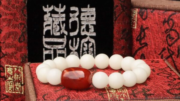 台灣德榕藏品｜白玉菩提根10mm圓珠｜火焰紋南紅瑪瑙桶珠