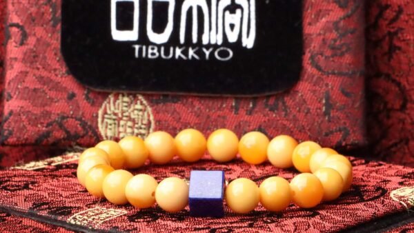 台灣德榕藏品｜蜜蠟色緬甸黃玉手珠 8mm圓珠｜方塊青金石隔珠