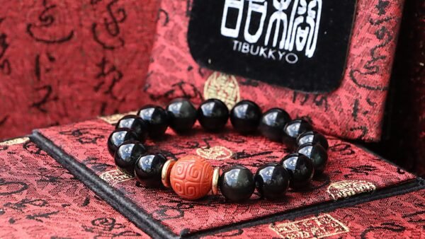 台灣德榕藏品|原礦無染色黑曜石手珠12mm|柿子紅南紅瑪瑙回紋珠