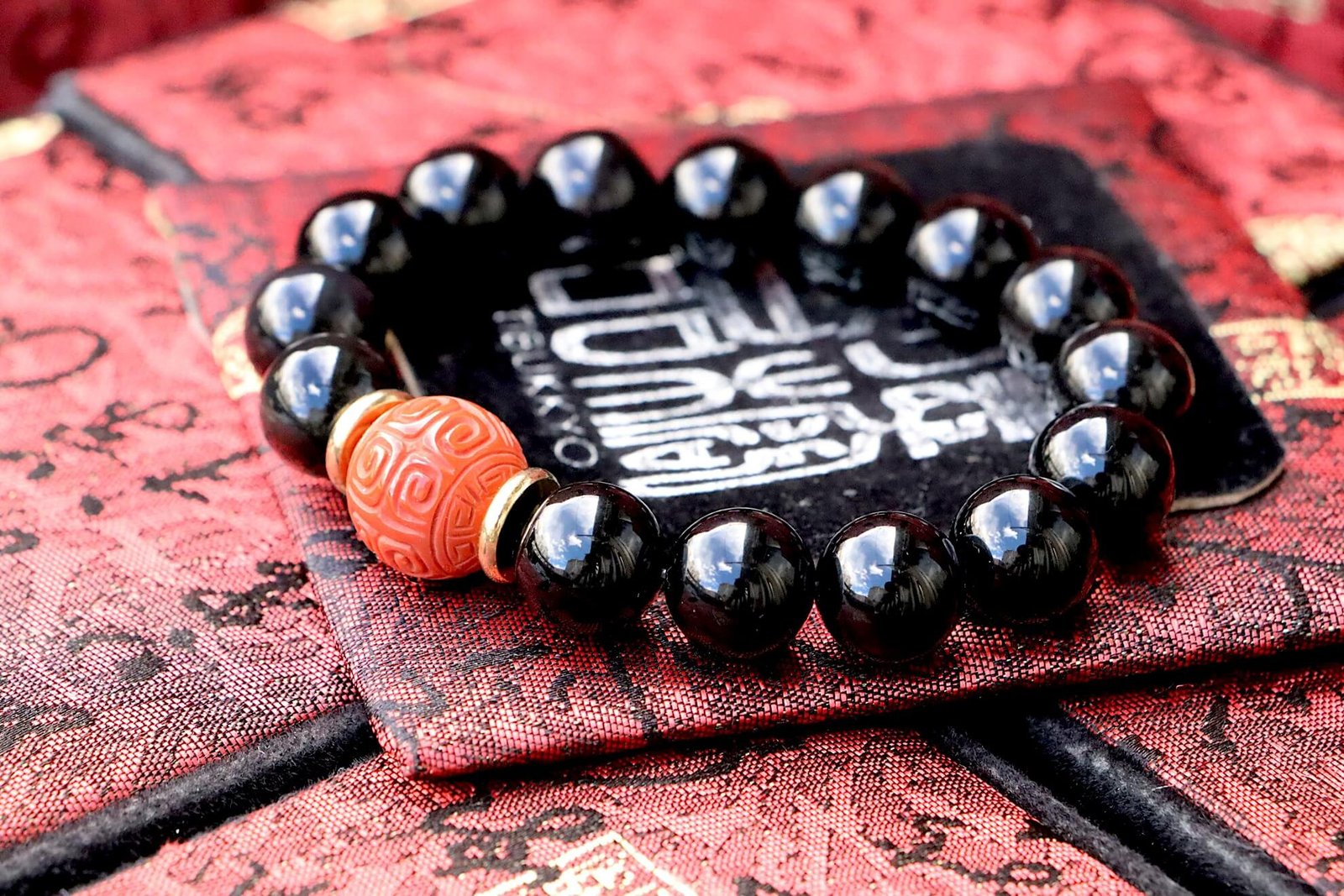 台灣德榕藏品|原礦無染色黑曜石手珠12mm|柿子紅南紅瑪瑙回紋珠