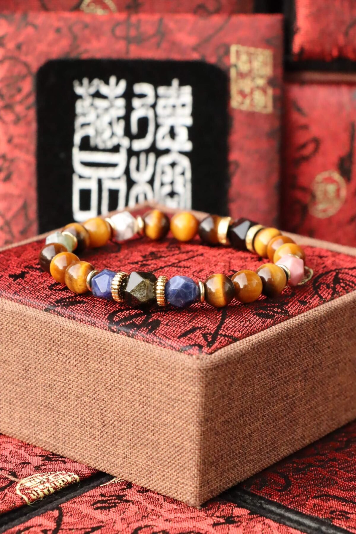 TIBUKKYO德榕藏品｜原礦黃虎眼石手珠8mm｜藍紋石隔珠｜黑曜石｜紅木紋石